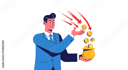 Businessman Facing Financial Decline, Economic Crisis and Falling Money Concept Digital Illustration