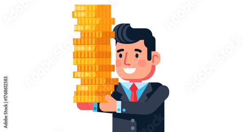 Businessman Holding Pile Of Gold Coins Representing Financial Success And Wealth