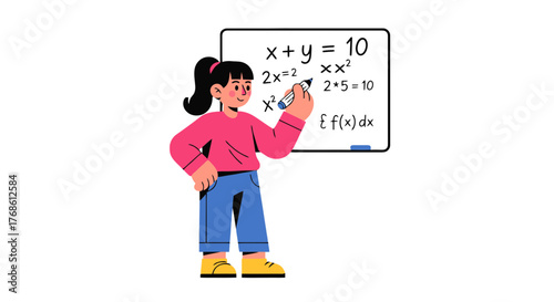 Cartoon Young Woman Solving Math Equations on a Whiteboard With Mathematical Formulas