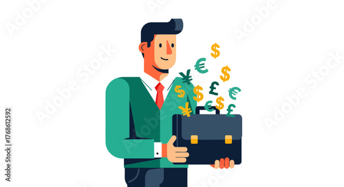 Businessman Holding Briefcase With Currencies Representing Finance And Success