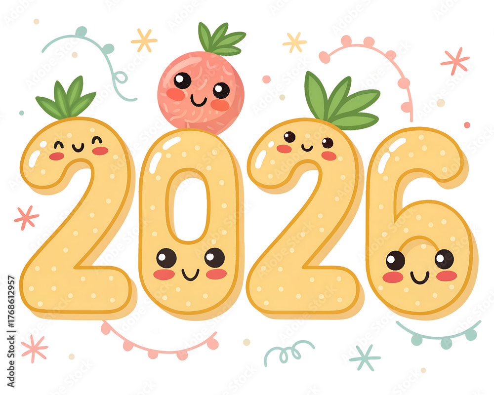 Fototapeta premium Cute 2026 Pineapple Characters, Fun New Year Illustration