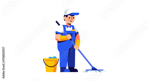 Cleanliness Professional Using Mop and Bucket Representing Housekeeping or Janitorial Work
