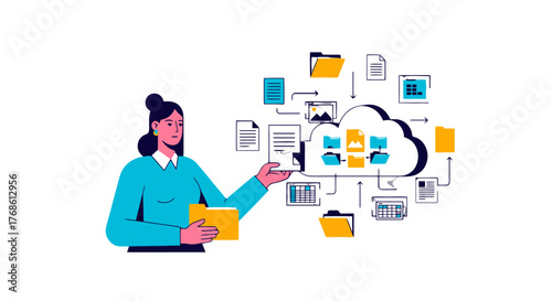 Cloud Computing and Data Management Represented by Businesswoman and Digital Files