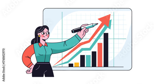 Businesswoman Interpreting Growth Charts With Strategic Insights and Market Analysis