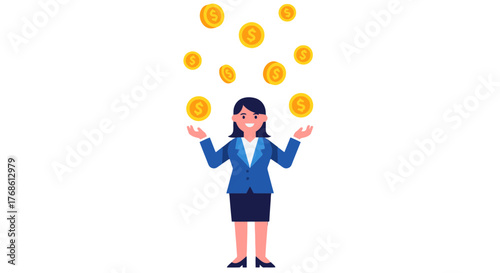 Businesswoman Juggling Coins in Air Symbolic of Financial Success and Prosperity
