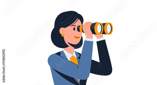 Businesswoman Looking Through Binoculars, Observing, With Blue Suit and Black Background