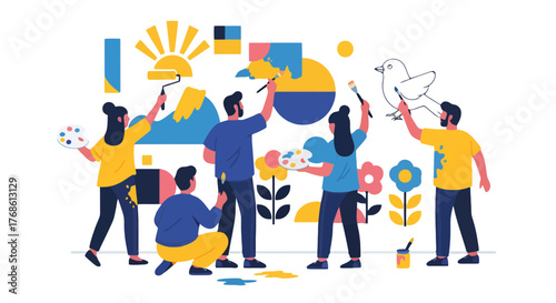 Collective Artwork Creation Depicting Nature, Shapes, And Community on Black Background