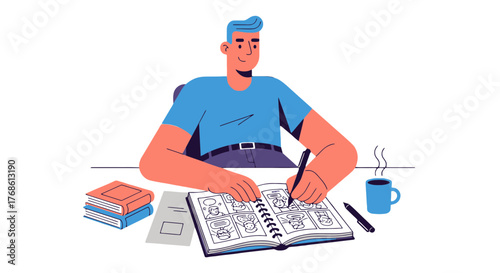 Comic Artist At Work Illustrating a New Story with His Creative and Artistic Vision