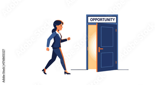 Businesswoman Striving Towards The Door Of Future Opportunities And Career Growth