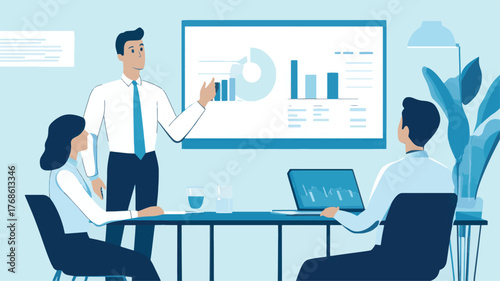 Business presentation of company strategy and financial data by a man to colleagues audience