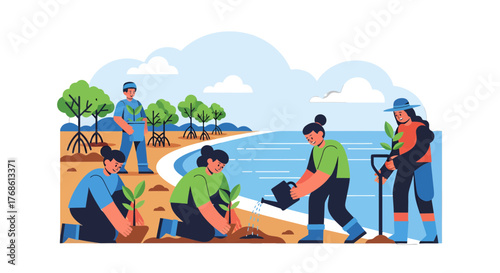 Community Planting Trees Together For a Greener Future in a Beautiful Coastal Area