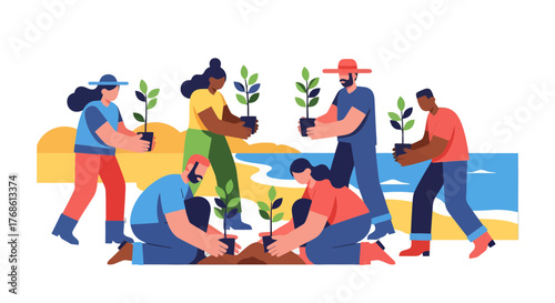 Community Planting Trees Together For A Harmonious Future On A Beautiful Day