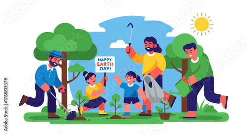 Community Planting Trees Together To Commemorate Earth Day In A Joyful Illustration