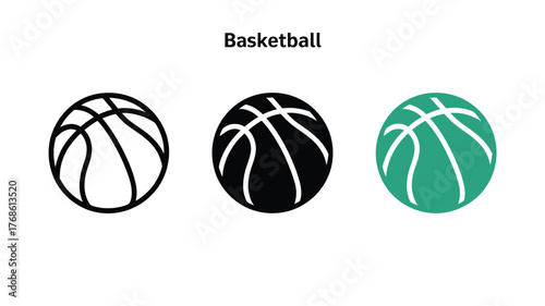 Three stylized illustrations of a basketball, with different line weights and colors.