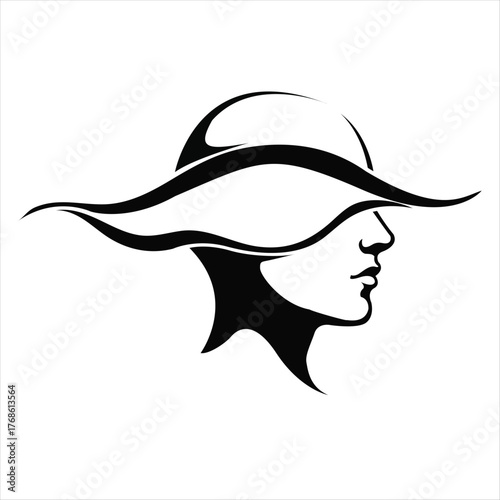 Stylish black silhouette of a woman's profile wearing a wide-brimmed hat, concealing her eyes in an abstract design.