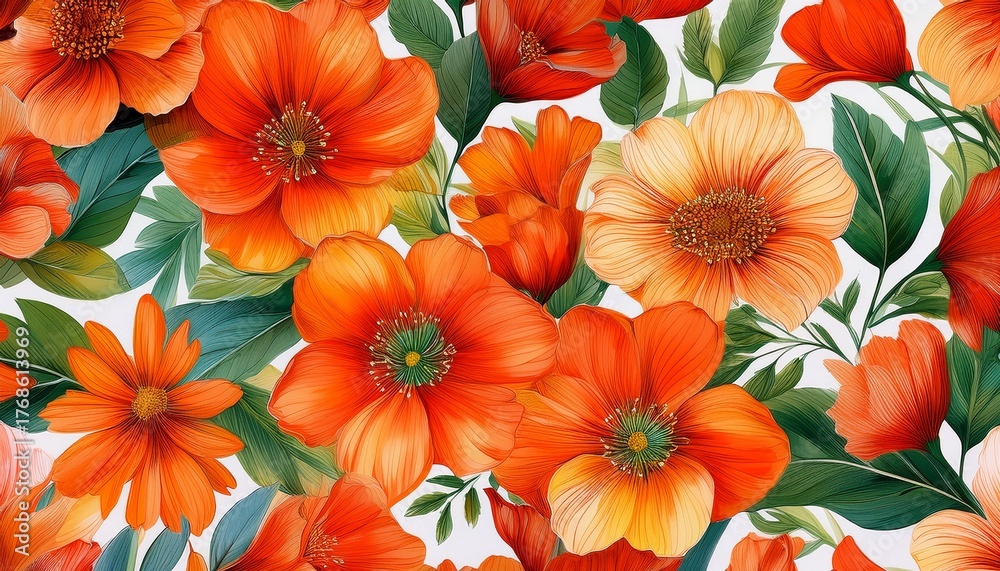 Fototapeta premium Orange Flower Seamless Pattern Floral Background Featuring A Variety Of Wildflowers In A Watercolor Style Bright And Vibrant Colors Perfect For Fabric Patterns Backgrounds And Gift Wrap Designs