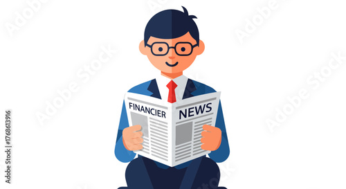 Cartoon Businessman Reading Financial News Depicting Economy And Business Strategies