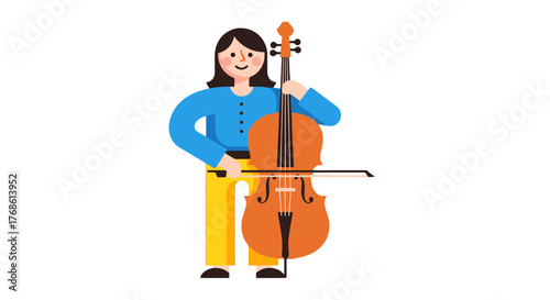 Cartoon Cello Player Performing in Isolation, Musical Art and Instruments Display