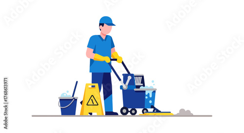 Cartoon Cleaning Operator Scrubbing Floors With Equipment Against Black Background
