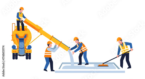 Construction Crew Pouring Concrete on a Construction Site With A Cement Truck