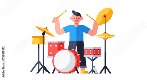 Cartoon Drummer Playing Drums with Sticks on Black Background, Musical Performance