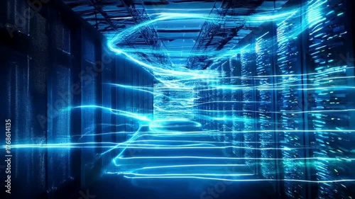 High-Tech Data Center with Animated Data Flow | Digital Infrastructure Powering the Internet | Server Farm with Neon Lighting Visualization