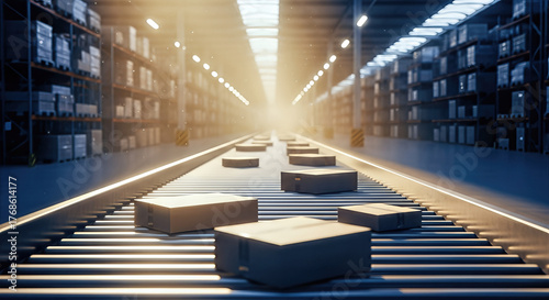 Warehouse conveyor with parcels under skylight offers long perspective for cyber monday. Cyber monday sale provides racks full of merchandise,