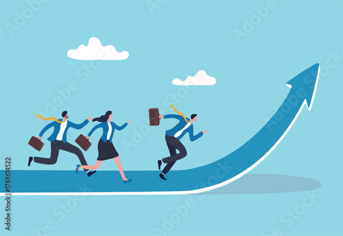 Growth strategy, career path development or growing business, employee training or improvement, job promotion concept, businessman people employees running on career path arrow in rising up direction