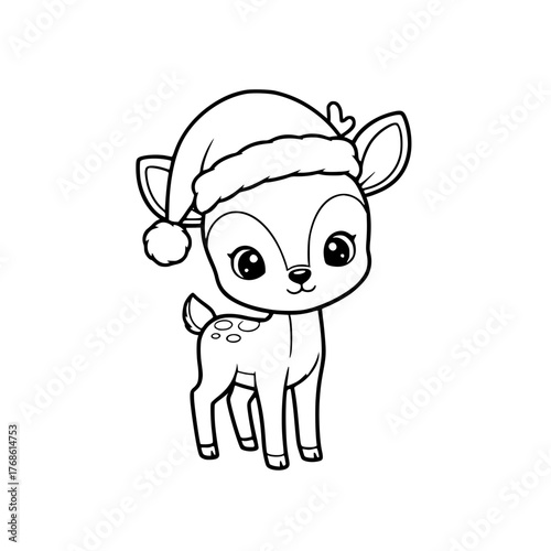Cute deer fawn wearing Santa hat, simple Christmas coloring page for toddlers Generative AI