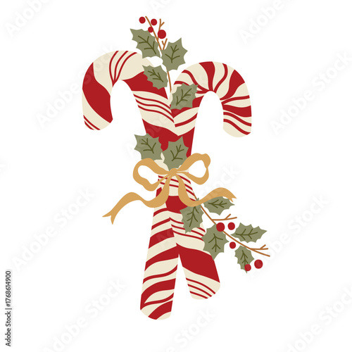 Christmas candy cane decorative isolated element with bouquet of winter leaves, berry and bow. Vector illustration for winter holiday invitation, cards, banner. Merry Christmas sweet.