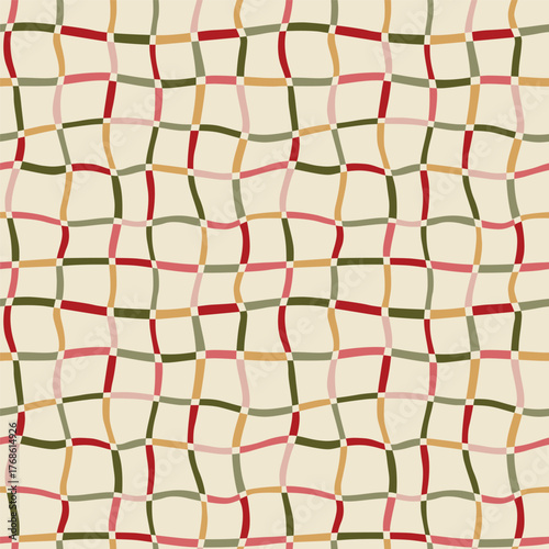 Christmas funny grid geometric seamless pattern. Cute wavy gingham plaid ornament for winter holiday background. Hand drawn striped blanket. Vector checkered print, wallpaper, textile design.
