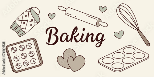 Delightful baking themed design featuring kitchen tools and hearts for sweet creations at home