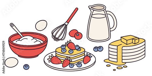 Pancake breakfast illustration featuring batter bowl, fresh fruit and syrup for a sweet start to the day