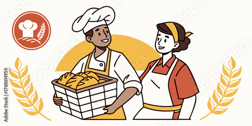 Cheerful baker team with fresh bread, artisanal bakery concept, warm and inviting food industry illustration
