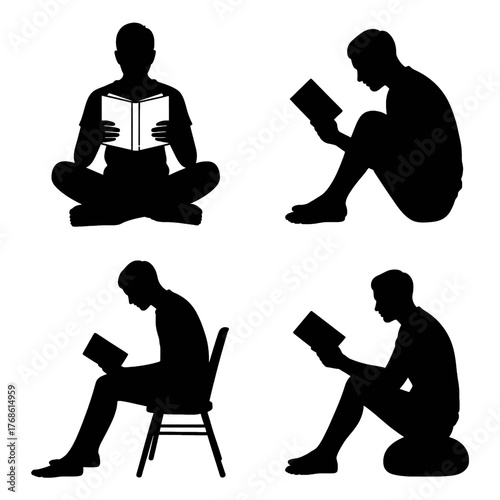 Silhouette Collection of Individuals Engaged in Reading a Book on Isolated Backgrounds