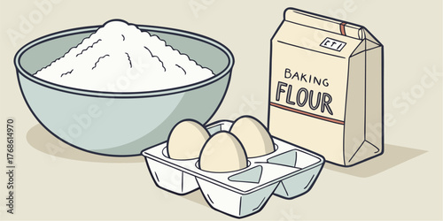 Simple baking ingredients ready for a homemade treat, flour, eggs, and bowl, perfect for baking projects