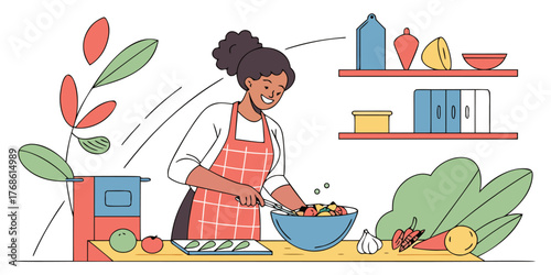 Joyful woman preparing healthy salad with fresh vegetables in her cozy kitchen at home
