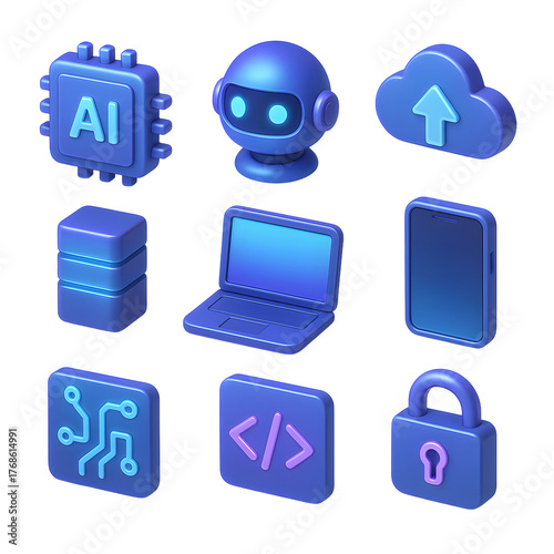 Isometric icons set ai cloud computing laptop smartphone circuit and security concepts