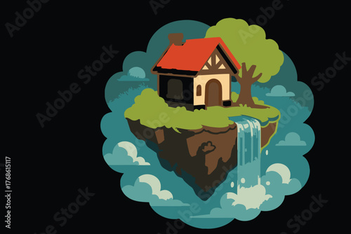 Charming storybook cottage perched on a lush floating island with a waterfall