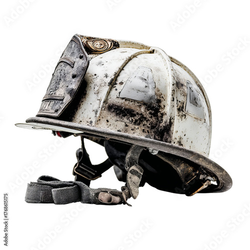 Png of closeup of a vintage firefighter helmet isolated on transparent background, displaying its weathered and aged appearance