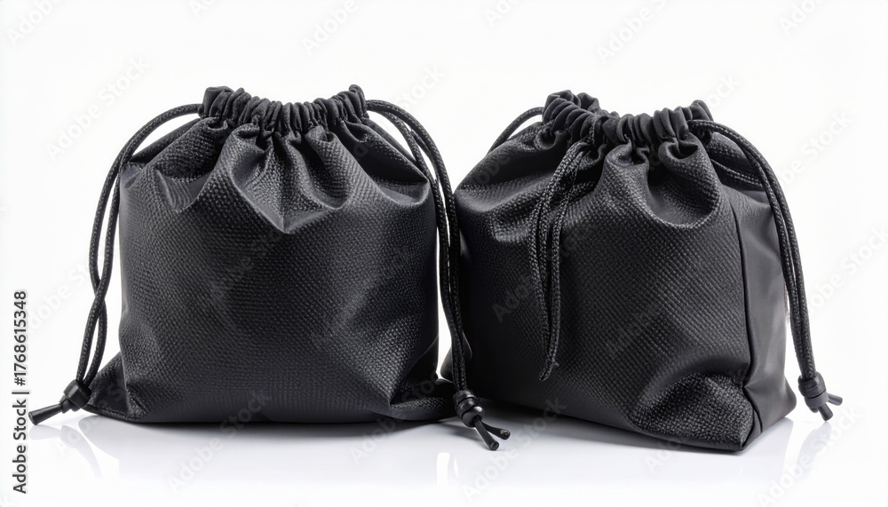Naklejka premium Two Shiny Black Drawstring Bags on White Background for Packaging