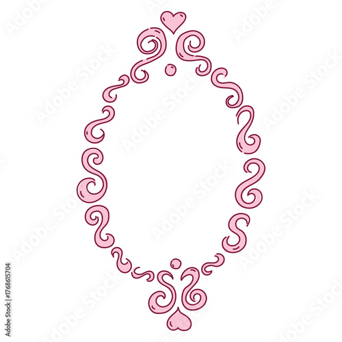 A delicate pink frame with curls and hearts for Valentine's Day for a little princess. Vector element in a coquette aesthetic for weddings, invitations, personal diary, and scrapbooks.