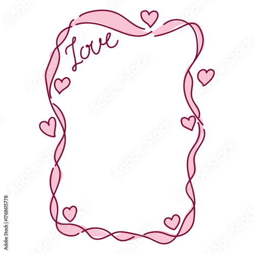 A delicate pink frame with curls and hearts for Valentine's Day for a little princess. Vector element in a coquette aesthetic for weddings, invitations, personal diary, and scrapbooks.
