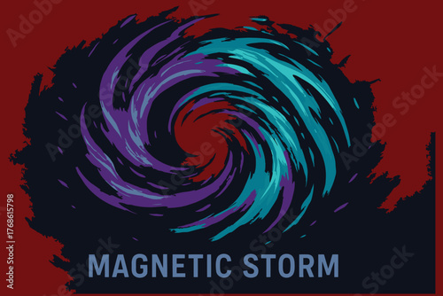 Abstract swirling vortex of purple and teal energy against a dark background with the words magnetic storm
