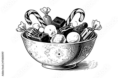 Decorative bowl brimming with candies, chocolates, and sweets in hand-drawn engraving style on clean white background, concept of indulgence