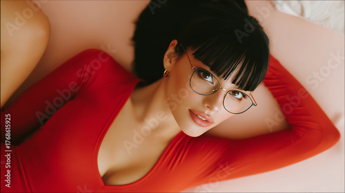 Sensual portrait of an alluring brunette woman in glasses on a pink bed