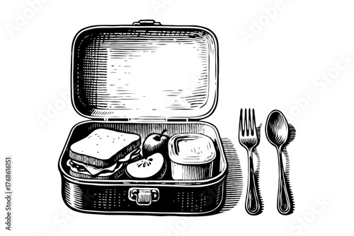 Lunchbox with sandwich, fruit, and container beside fork and spoon, engraved drawing style, on white background, concept of packed meal