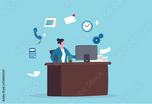 Employee wellbeing or wellness, comfortable to work, project management or relax workplace, balance or productivity concept, office woman mindfulness meditating on working desk levitate working stuff