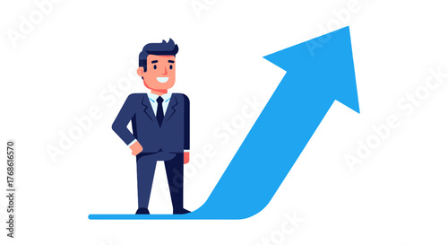 Businessman Standing Beside A Rising Arrow Symbolizing Progress And Career Growth