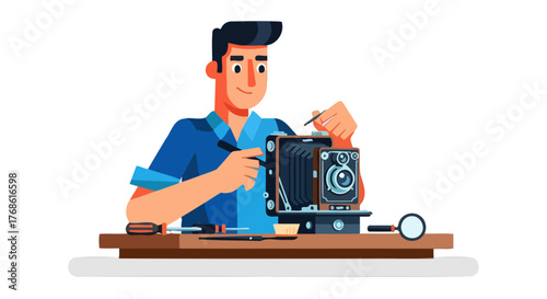 A Person Repairing A Vintage Camera, Digital Illustration, Studio Setting, And Tools